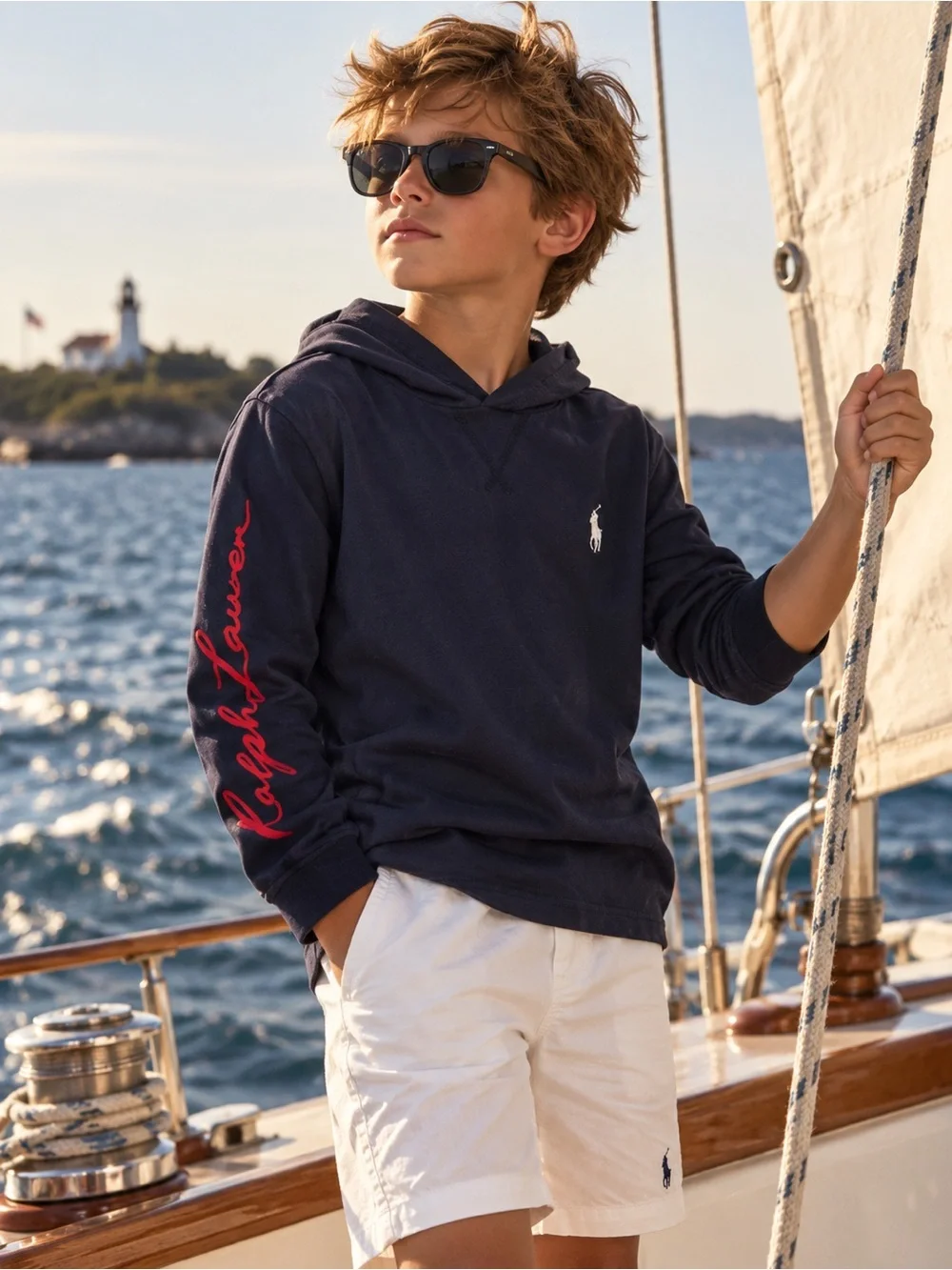 Ralph Lauren Navy Crewneck Hoodie with Red Sleeve Script Boys size M 10-12